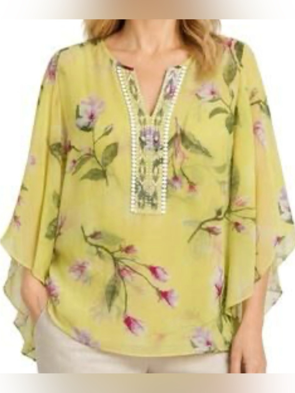 Belle Kim Gravel L Yellow Floral Boho Kimono Sleeve Blouse Romantic Vacation